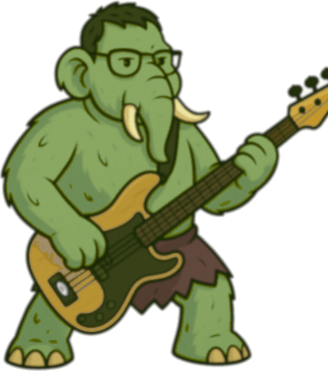 Charles, illustré en mammouth vert, à la basse