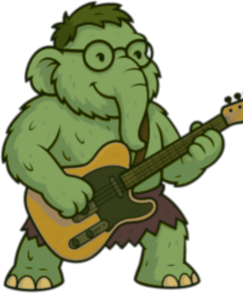 Julien, illustré en mammouth vert, à la guitare