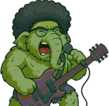 Rexarte, illustré en mammouth vert, au chant et à la guitare